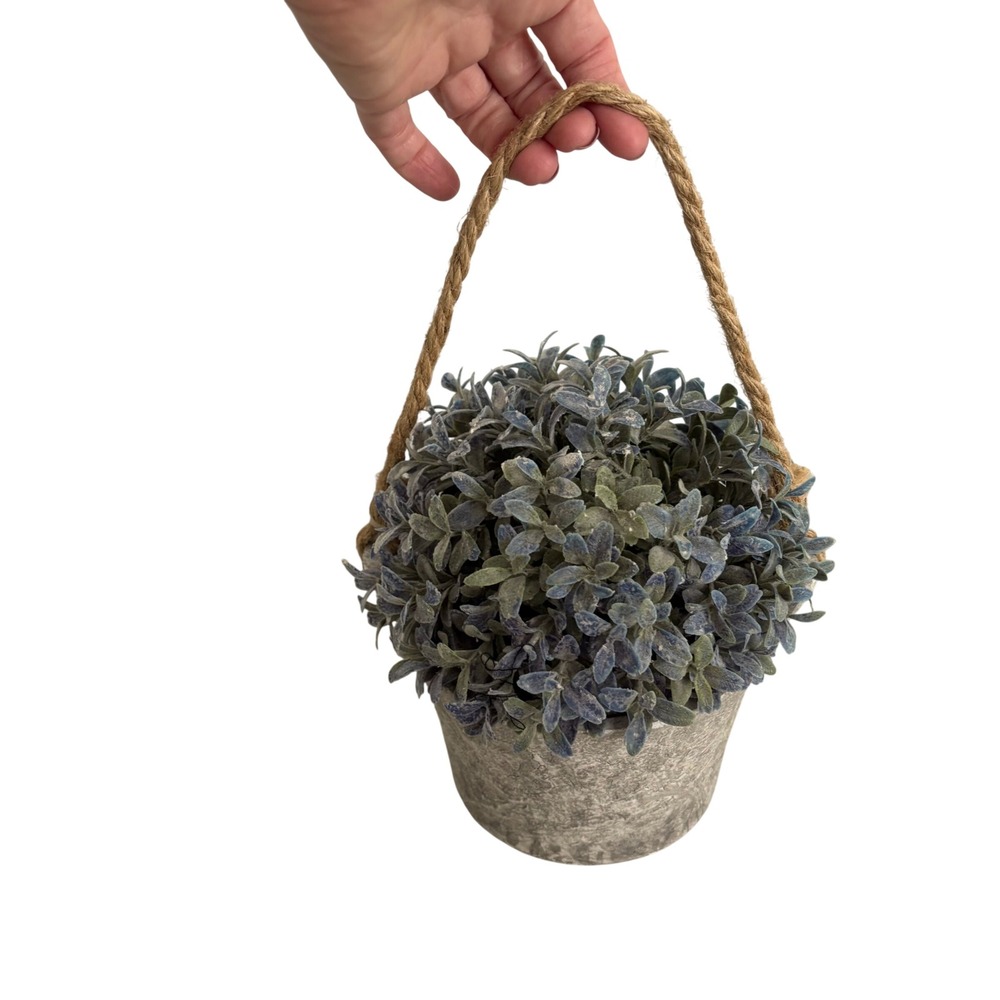 Faux Frosted‎ Greenery Plant in Rustic Gray Pot with Jute Rope Handle Farmhouse